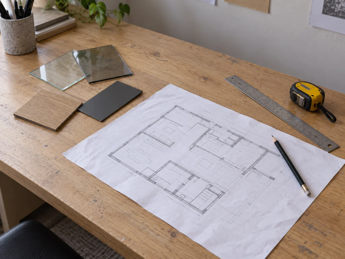 Mesa de projeto com planta, amostras planas de vidro e acabamento, régua e trena